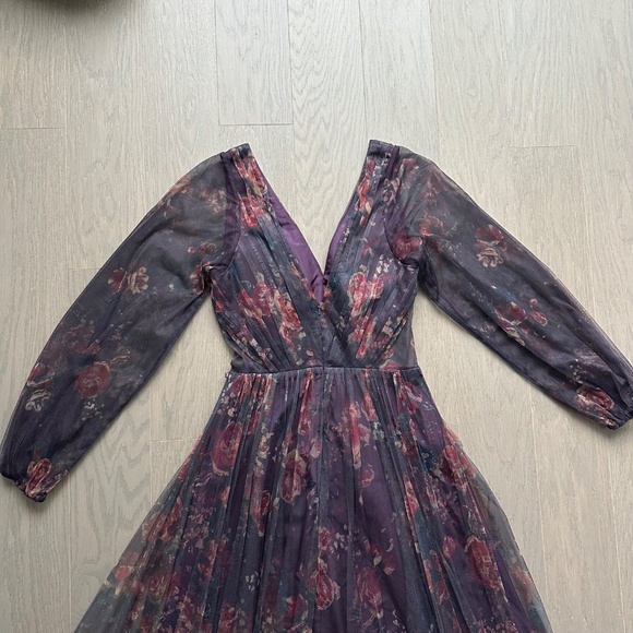 Marchesa Notte Floral Print Sheer Panel Gown SALERNO Sz 0 Purple Bridesmaid Plum - Picture 6 of 10